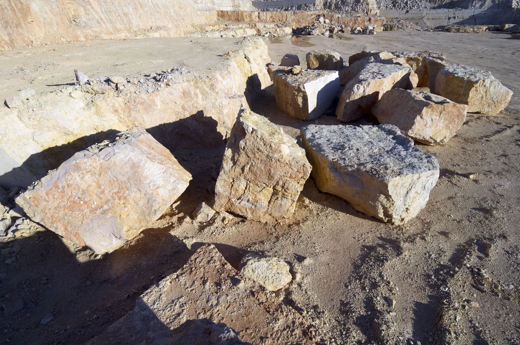 Large cut blocks of stone in a quarry