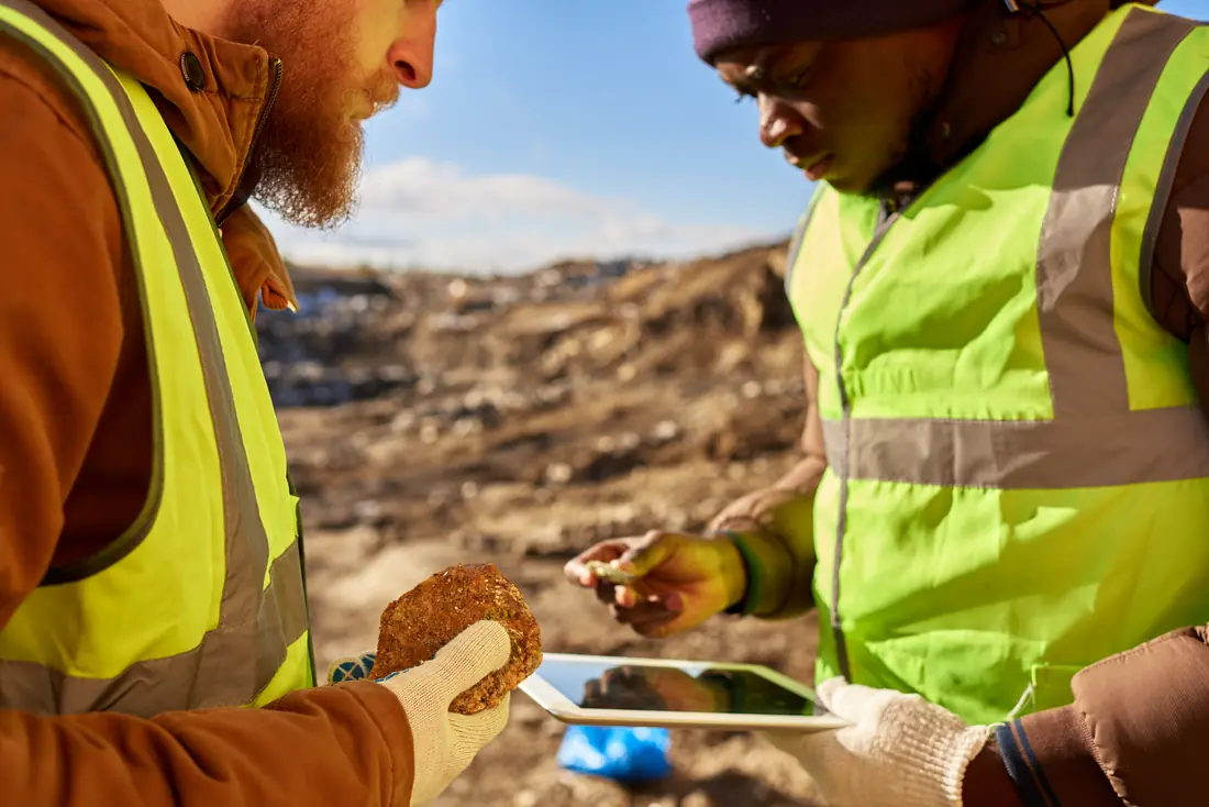 BrTek technical team inspecting a rock sample on site